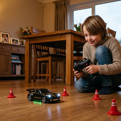 garçon content regarde voiture télécommandée enfant noire rouler sur plancher