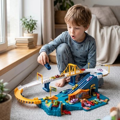 Garçon heureux s'amuse seul avec circuit voiture enfant dans salon