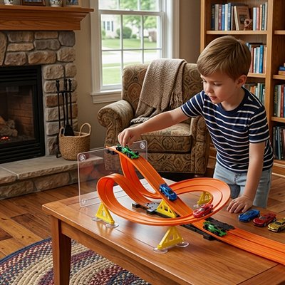 garçon joue avec circuit voiture enfant au salon