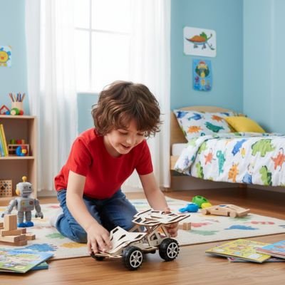 garçon joue avec Voiture télécommandée enfant dans sa chambre