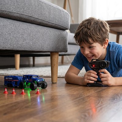 Garçon joue avec voiture télécommandée enfant sous canapé dans salon