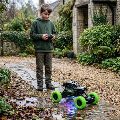 Garçon joue sur la pluie avec Voiture tout terrain télécommandée 