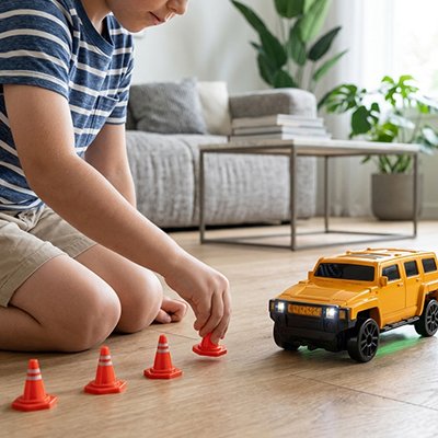 garçon place cones oranges près de voiture télécommandée enfant jaune