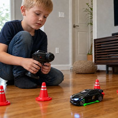 garçon regarde voiture télécommandée enfant roulée dans circuit sur plancher