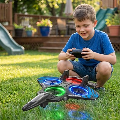 garçon souriant accroupi dans jardin joue avec avion télécommandé