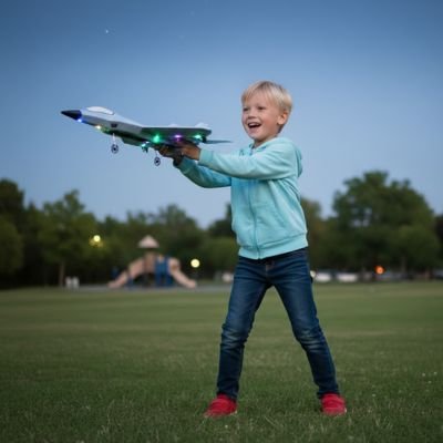 garçon souriant au parc tient en main avion télécommandé 