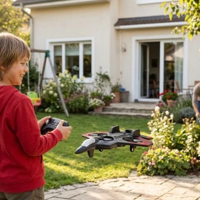 garçon souriant téléguide avion télécommandé dans jardin