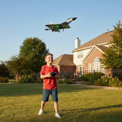 garçon tient dans main télécommande en regardant avion en vol 
