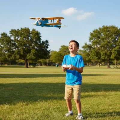 garçon tient en main télécommande en regardant avion en vol