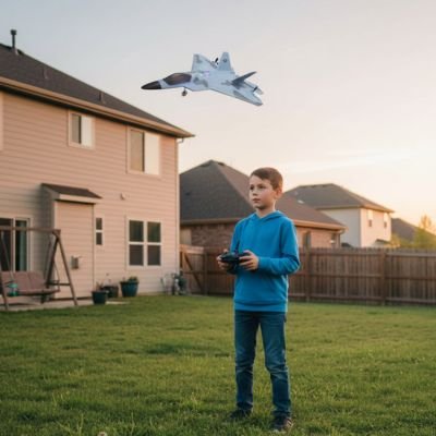 garçon tient en main télécommande et regarde avion télécommandé en  air