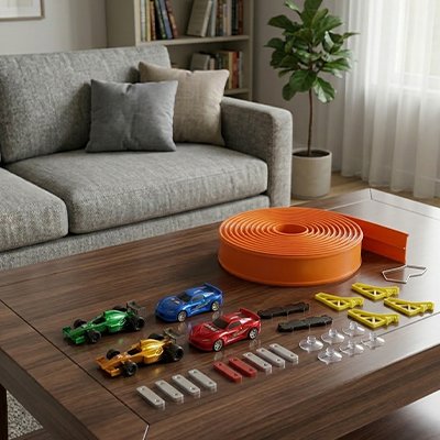 Kit complet circuit voiture enfant posé sur table au salon