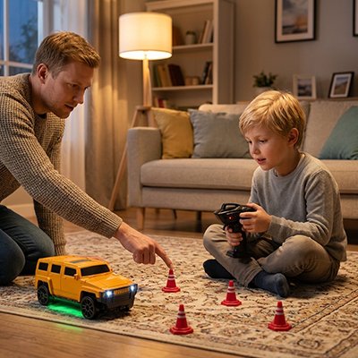 père et fils jouent dans salon avec voiture télécommandée enfant
