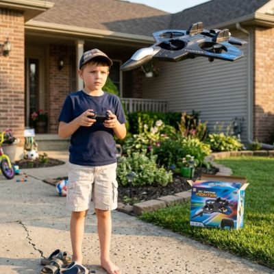 petit garçon fait volé avion télécommandé devant maison