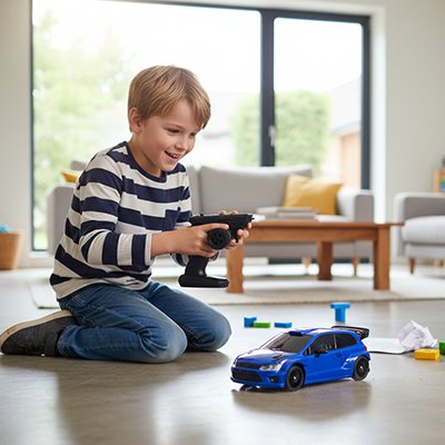 petit garçon s'amuse avec Voiture télécommandée enfant au salon