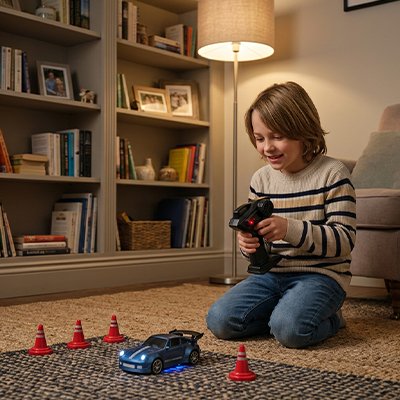 Petite voiture télécommandée enfant bleue lumineuse roule sur tapis