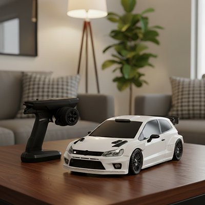 Voiture télécommandée enfant blanche sur table au salon