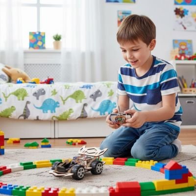 Voiture télécommandée enfant roule dans jeu de bloc en cercle