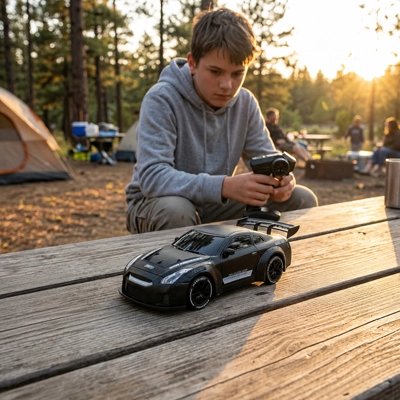 Voiture télécommandée enfant roule sur table en bois dans foret