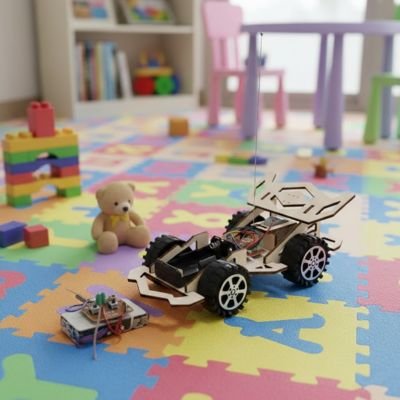 Voiture télécommandée enfant posée sur tapis de jeu