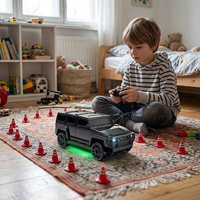 voiture télécommandée enfant noire roule sur tapis dans circuit cones
