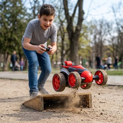 Voiture télécommandée enfant route traversant pente sur terre dans parc