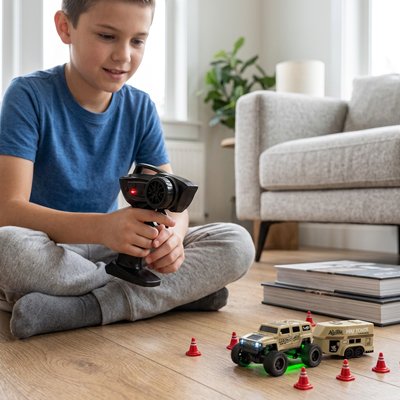 Voiture télécommandée enfant roule dans parcours au salon