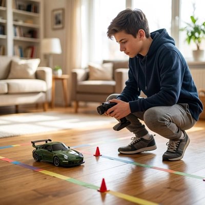 Voiture télécommandée enfant verte roule sur plancher dans circuit