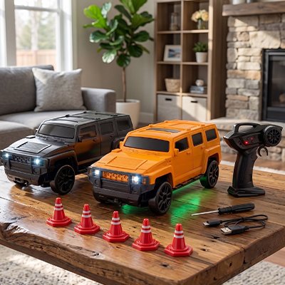 voiture télécommandée enfant avec accessoires posés sur table dans salon