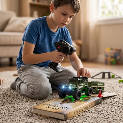 Voiture télécommandée enfant allumée roule sur livre dans salon