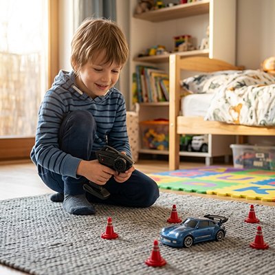 Voiture télécommandée enfant bleue au centre dans circuit sur tapis