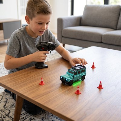 Voiture télécommandée enfant et télécommande posées sur table entourées  cones