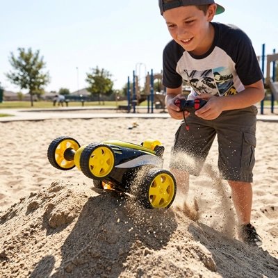 Voiture télécommandée enfant jaune roule dans sable au parc