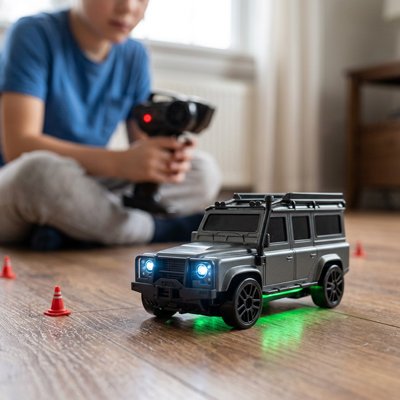Voiture télécommandée enfant lumineux roule dans circuit sur plancher salon