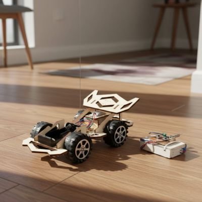 Voiture télécommandée enfant posée près de sa télécommande dans couloir