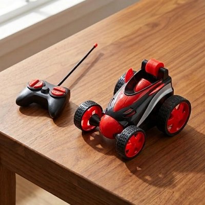 Voiture télécommandée enfant rouge et télécommande posées sur table bois