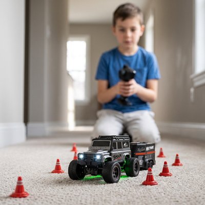 Voiture télécommandée enfant roule dans circuit sur tapis