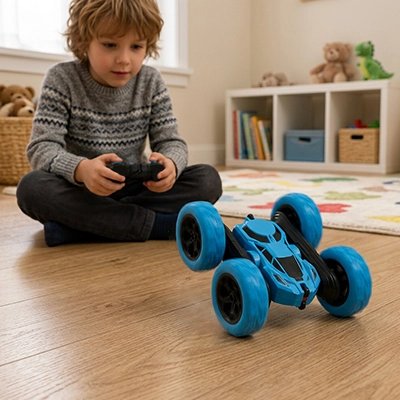 Voiture télécommandée enfant roule sur plancher dans salle jeu