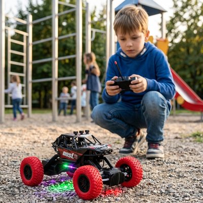 Voiture tout terrain télécommandée roule sur cailloux au parc