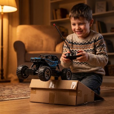 Voiture tout terrain télécommandée saute par dessus pente en carton